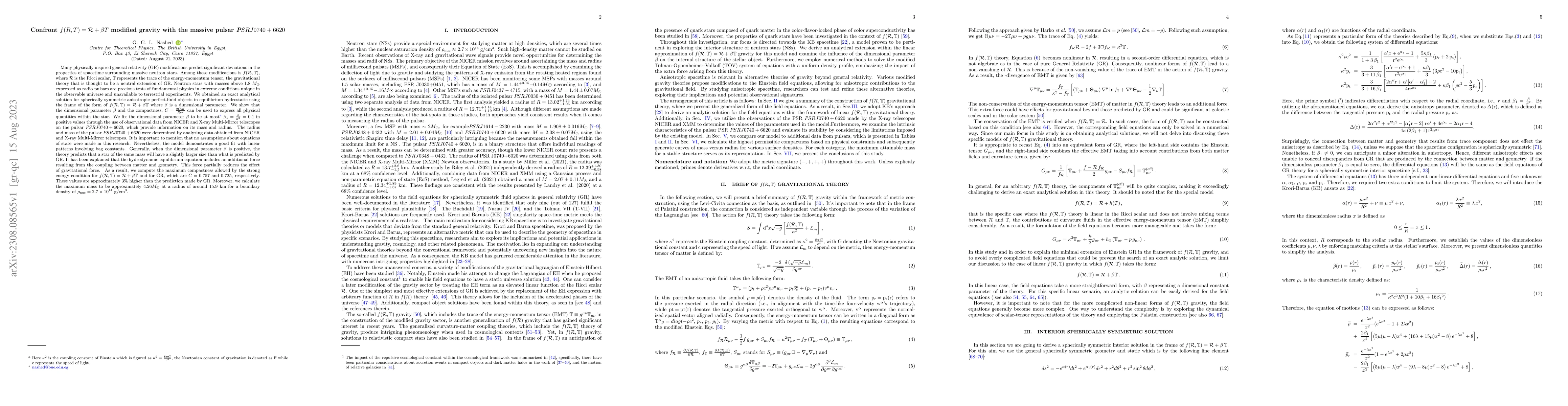 Thumbnail for Confront $f(R,T)=\mathcal{R}+\beta T$ modified gravity with the massive
  pulsar PSR J0740+6620
