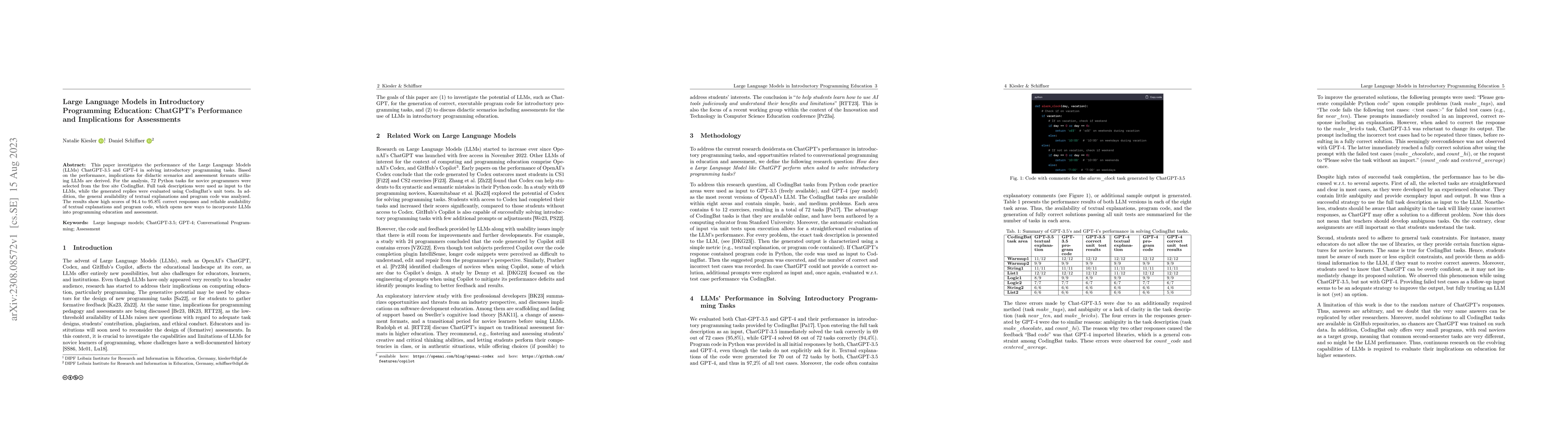 Thumbnail for Large Language Models in Introductory Programming Education: ChatGPT's
  Performance and Implications for Assessments