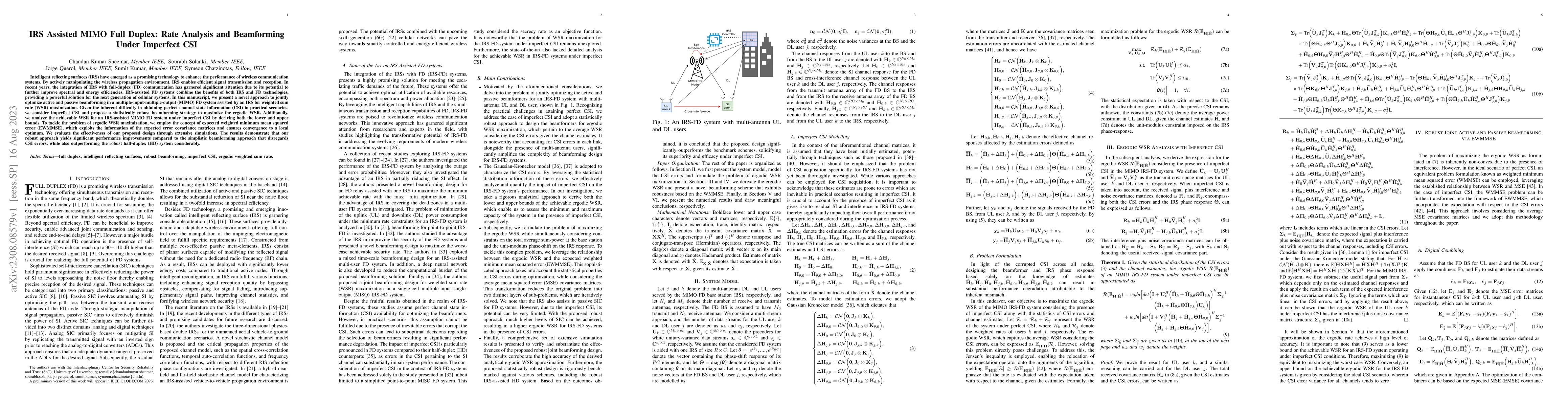 Thumbnail for IRS Assisted MIMO Full Duplex: Rate Analysis and Beamforming Under
  Imperfect CSI