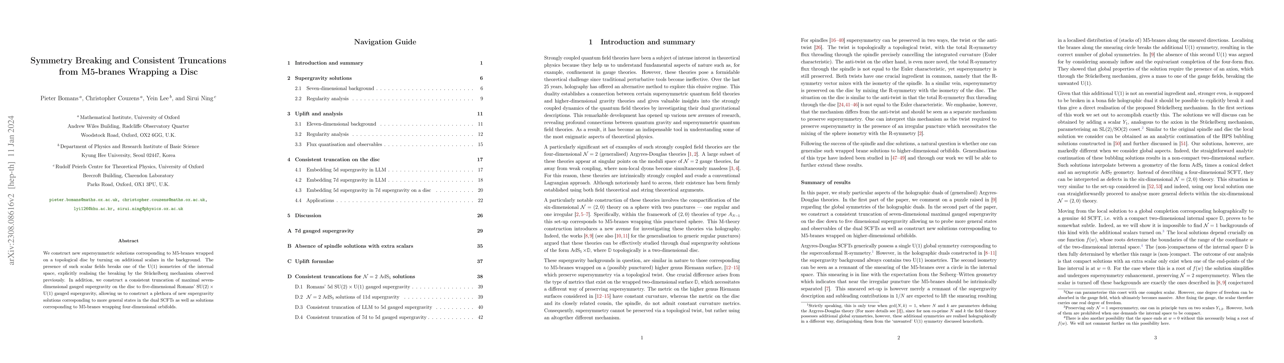 Thumbnail for Symmetry Breaking and Consistent Truncations from M5-branes Wrapping a
  Disc