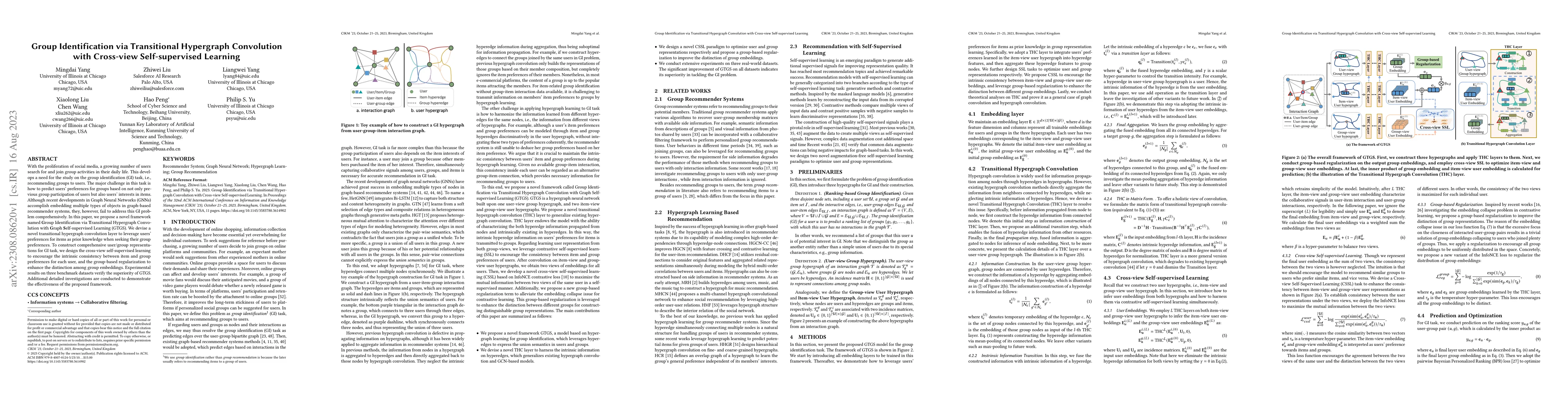 Thumbnail for Group Identification via Transitional Hypergraph Convolution with
  Cross-view Self-supervised Learning