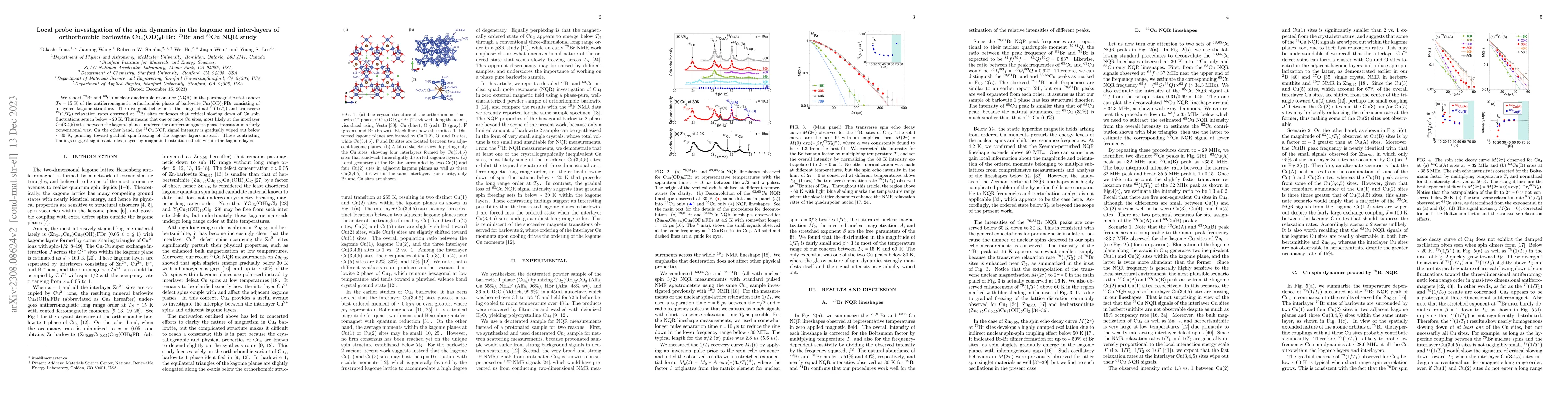 Thumbnail for Local probe investigation of the spin dynamics in the kagome and
  inter-layers of orthorhombic barlowite Cu$_4$(OD)$_6$FBr: $^{79}$Br and
  $^{63}$Cu NQR study