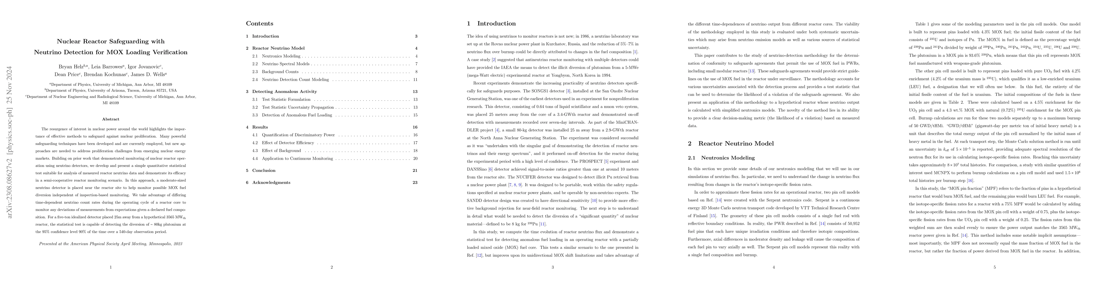 Thumbnail for Nuclear Reactor Safeguarding with Neutrino Detection for MOX Loading
  Verification