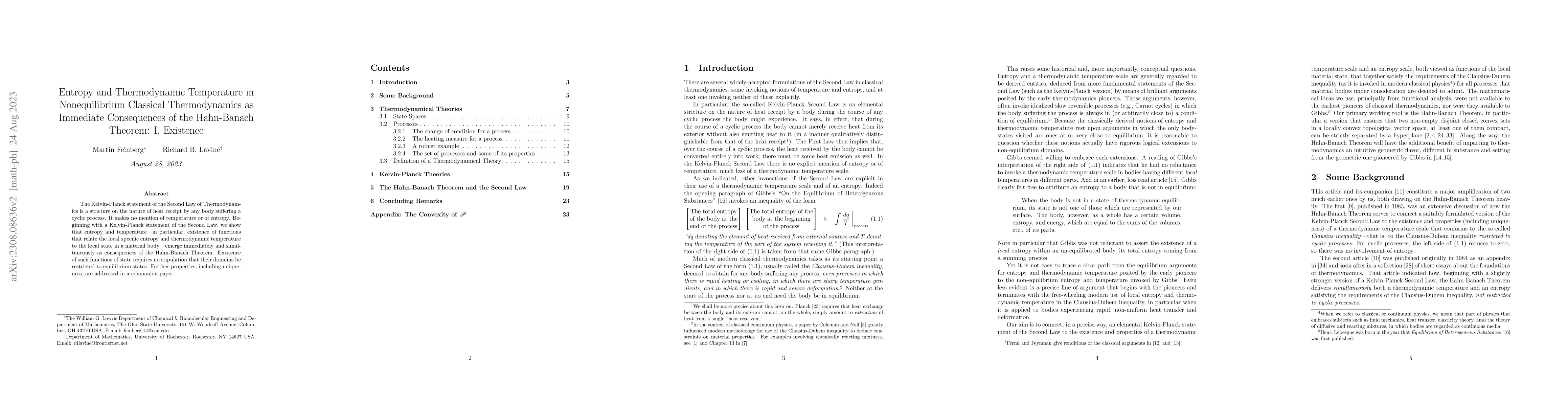 Thumbnail for Entropy and Thermodynamic Temperature in Nonequilibrium Classical
  Thermodynamics as Immediate Consequences of the Hahn-Banach Theorem: I.
  Existence