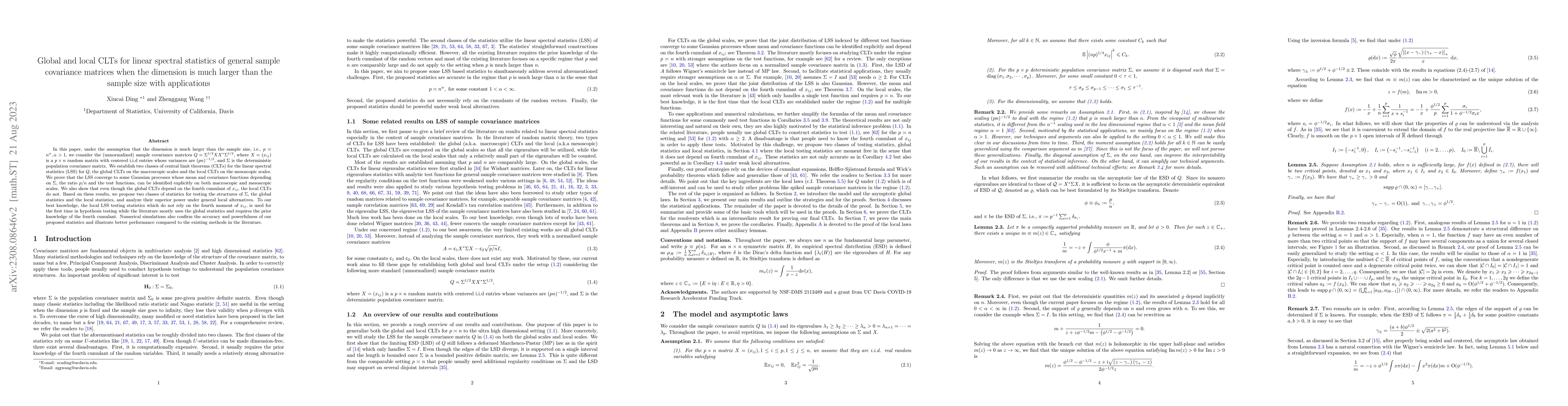 Thumbnail for Global and local CLTs for linear spectral statistics of general sample
  covariance matrices when the dimension is much larger than the sample size
  with applications