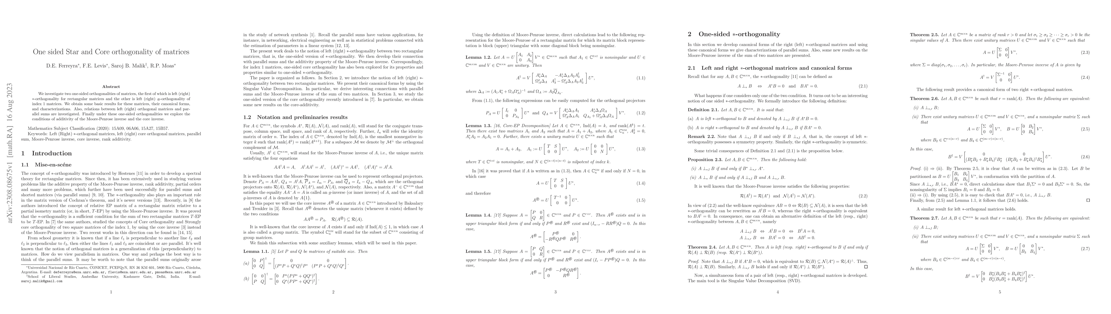 Thumbnail for One sided Star and Core orthogonality of matrices