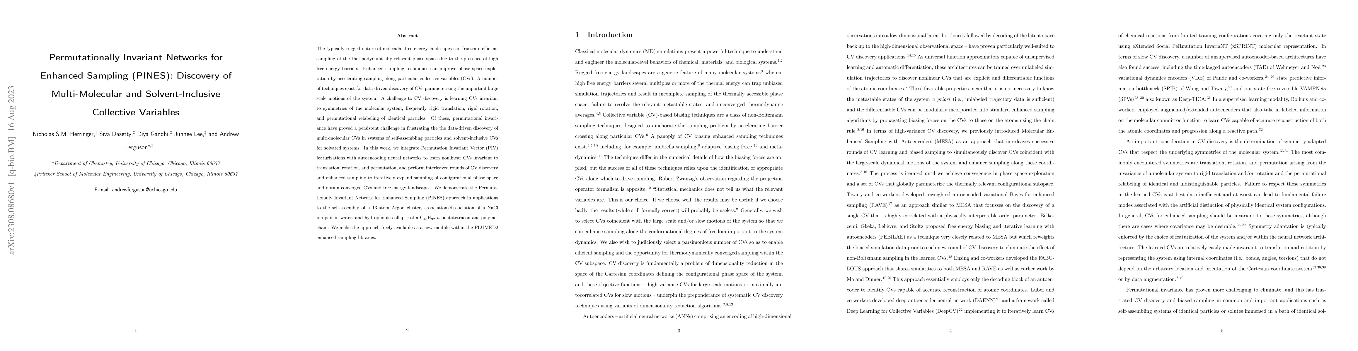 Thumbnail for Permutationally Invariant Networks for Enhanced Sampling (PINES):
  Discovery of Multi-Molecular and Solvent-Inclusive Collective Variables