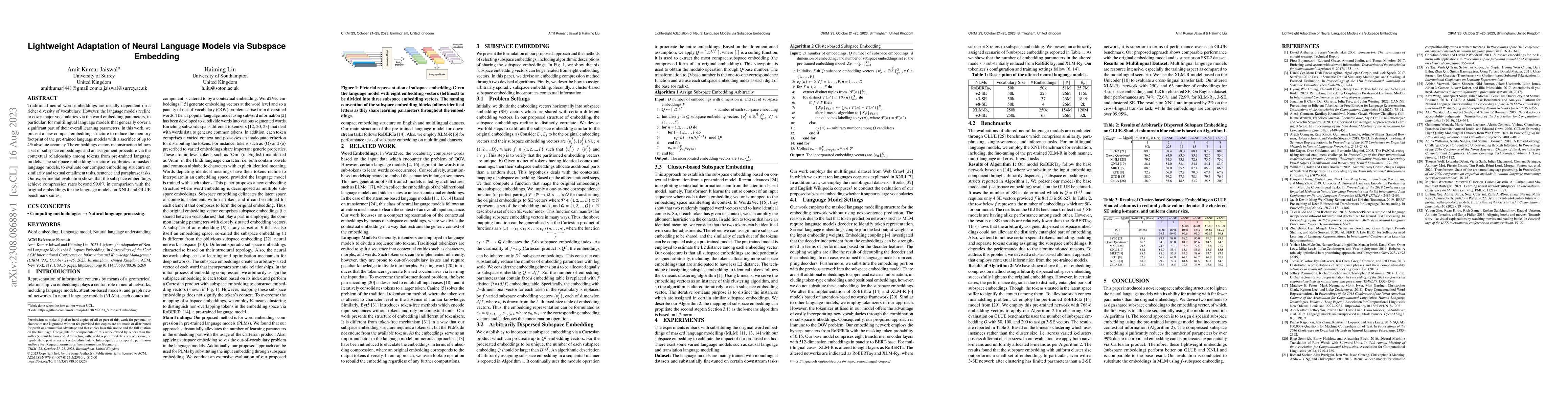 Thumbnail for Lightweight Adaptation of Neural Language Models via Subspace Embedding