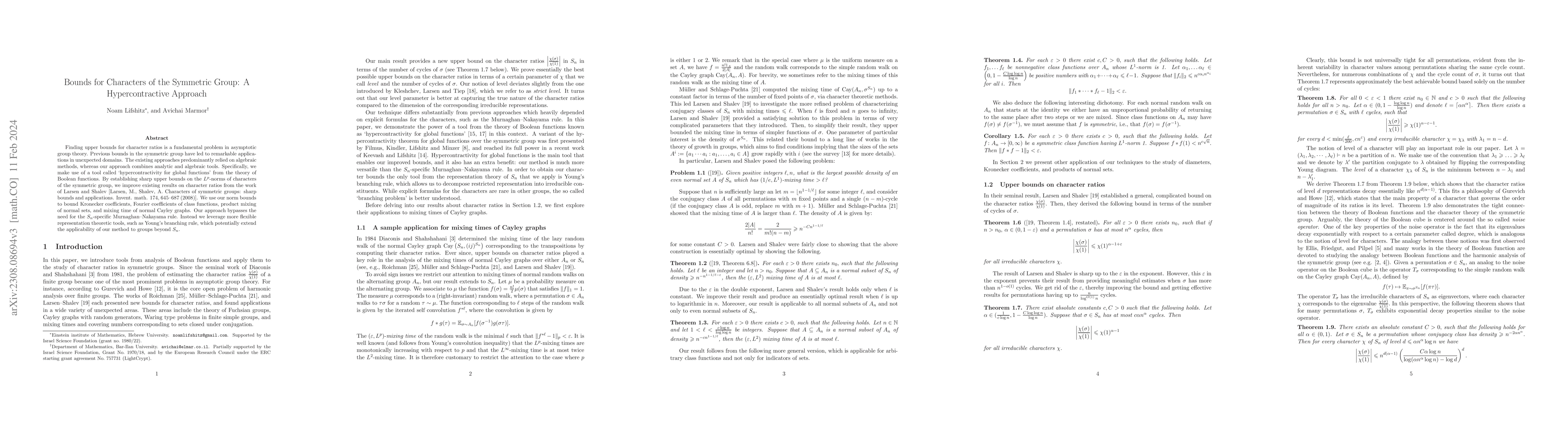 Thumbnail for Bounds for Characters of the Symmetric Group: A Hypercontractive
  Approach