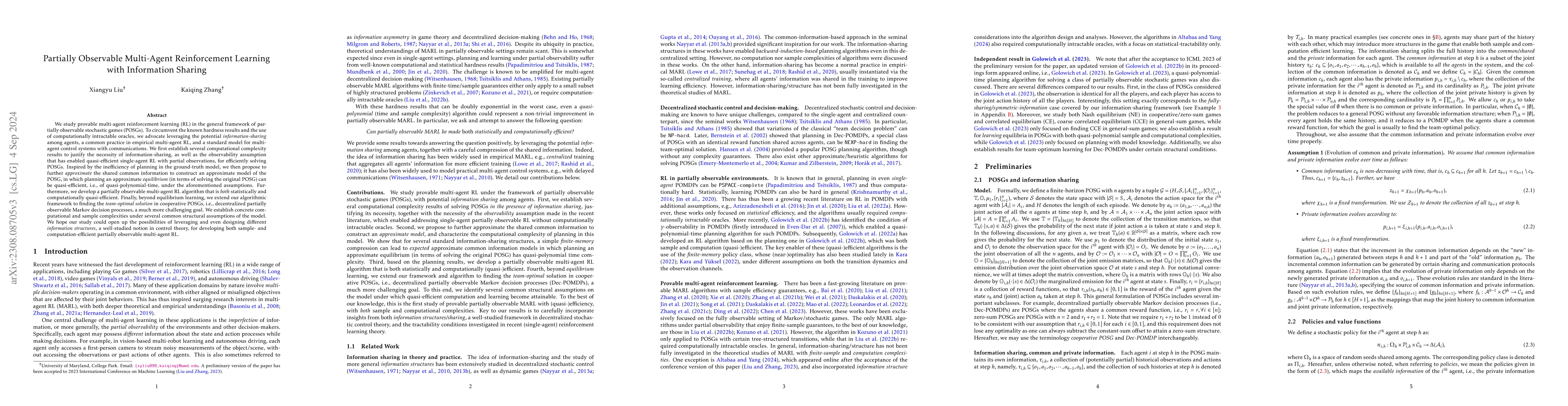 Thumbnail for Partially Observable Multi-agent RL with (Quasi-)Efficiency: The
  Blessing of Information Sharing