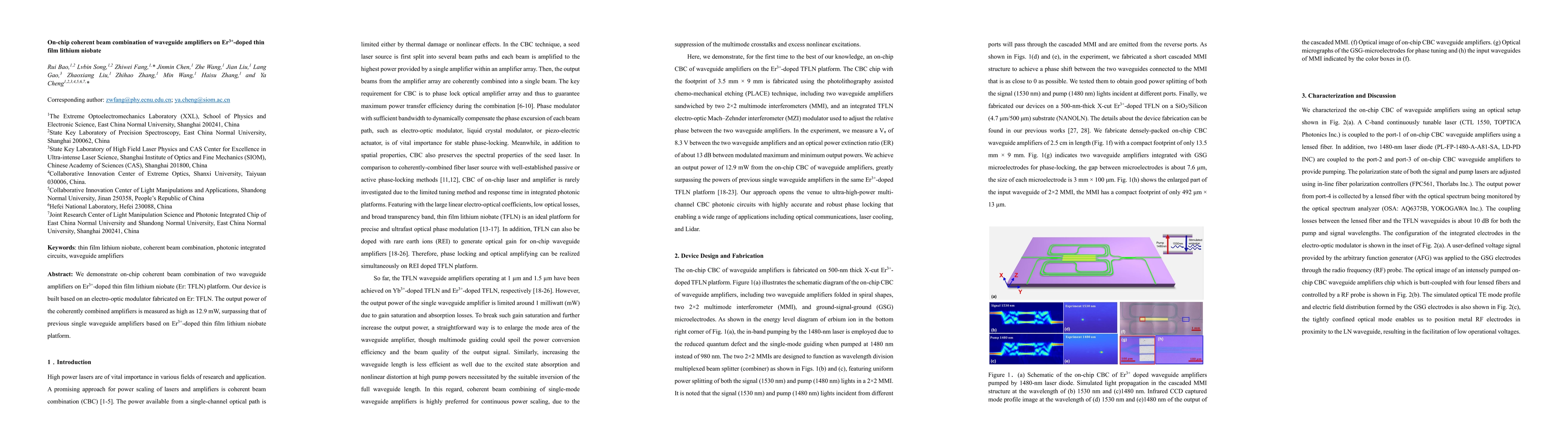 Thumbnail for On-chip coherent beam combination of waveguide amplifiers on
  Er$^{3+}$-doped thin film lithium niobate