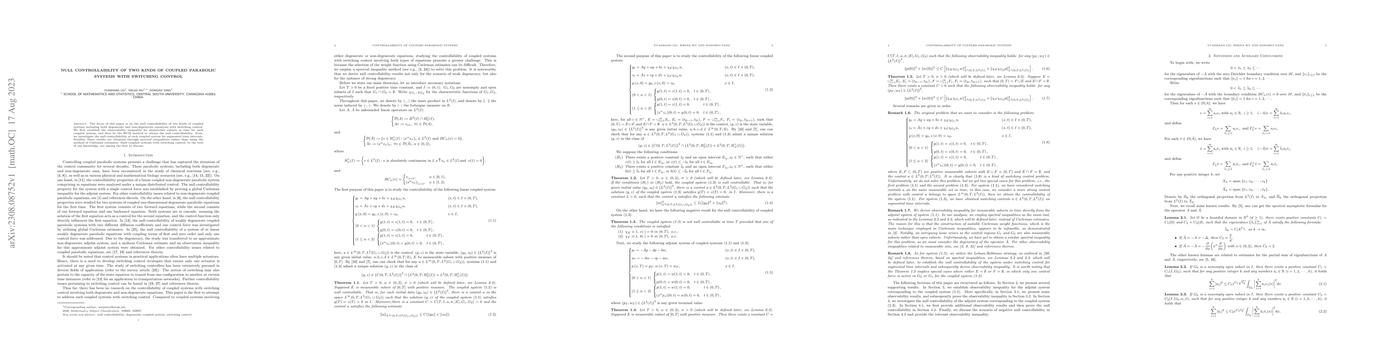 Thumbnail for Null controllability of two kinds of coupled parabolic systems with
  switching control