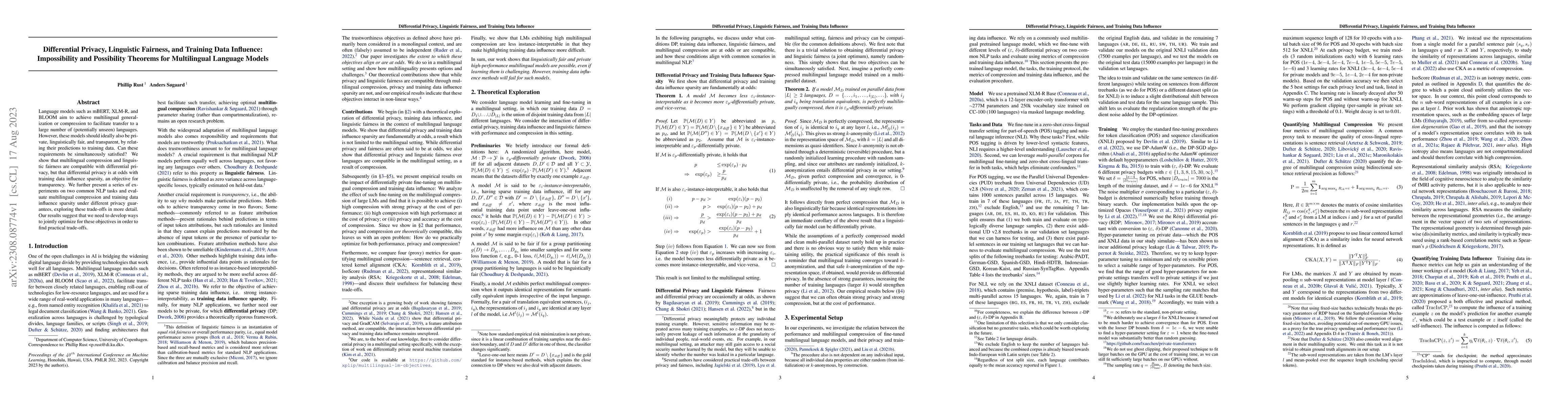 Thumbnail for Differential Privacy, Linguistic Fairness, and Training Data Influence:
  Impossibility and Possibility Theorems for Multilingual Language Models