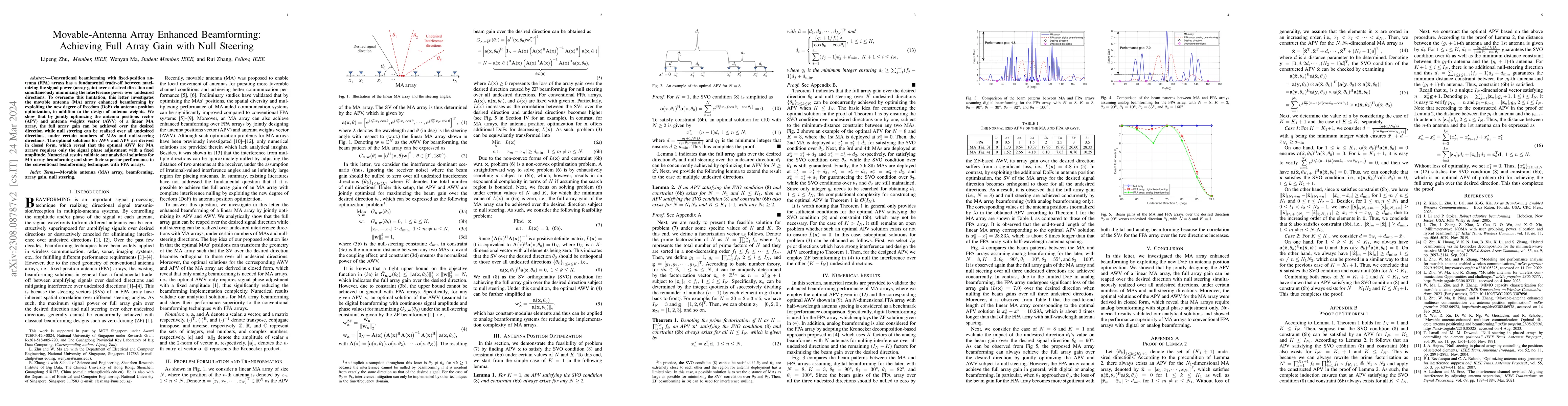 Thumbnail for Movable-Antenna Array Enhanced Beamforming: Achieving Full Array Gain
  with Null Steering