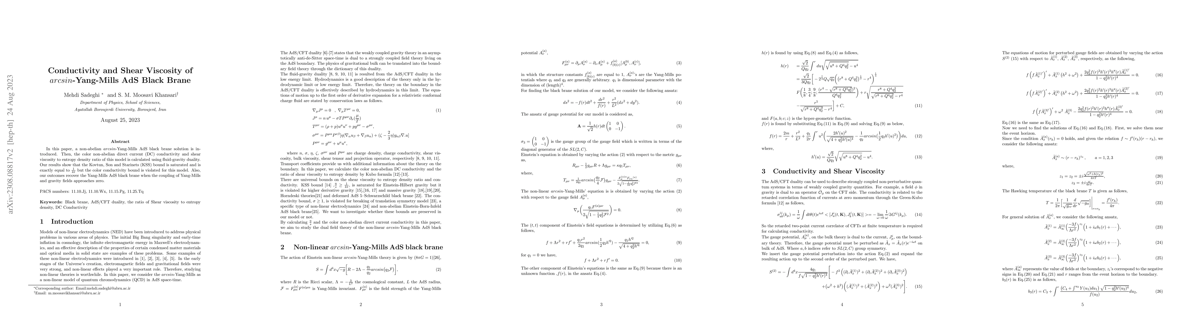 Thumbnail for Conductivity and Shear Viscosity of $arcsin$-Yang-Mills AdS Black Brane
