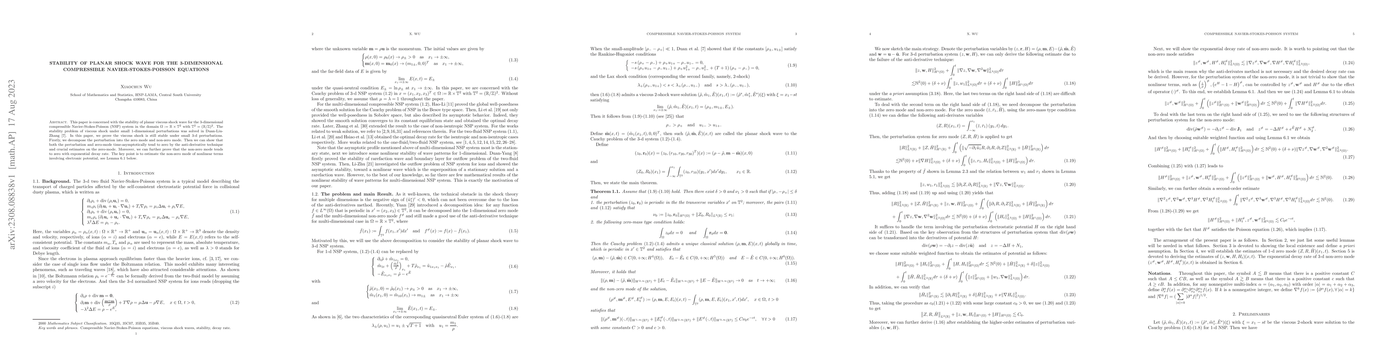 Thumbnail for Stability of planar shock wave for the 3-dimensional compressible
  Navier-Stokes-Poisson equations