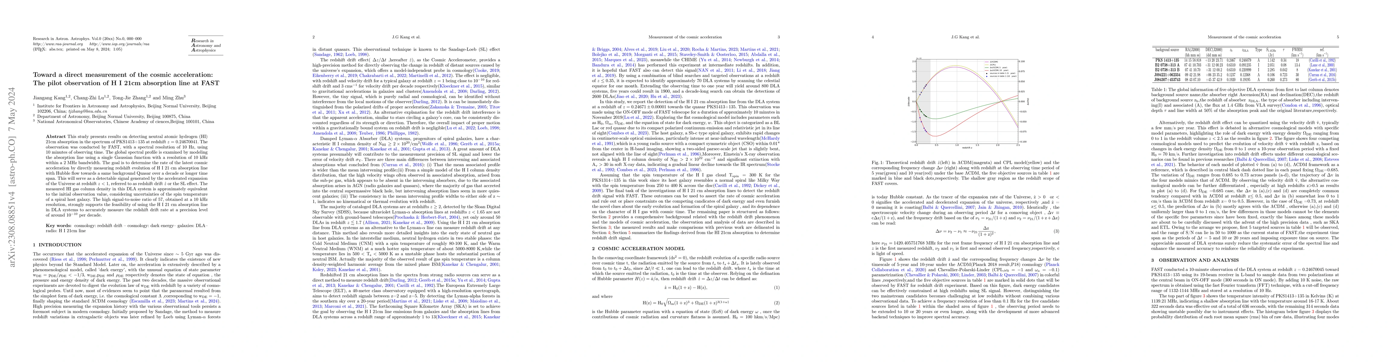 Thumbnail for Toward a direct measurement of the cosmic acceleration: The pilot
  observation of H I 21cm absorption line at FAST