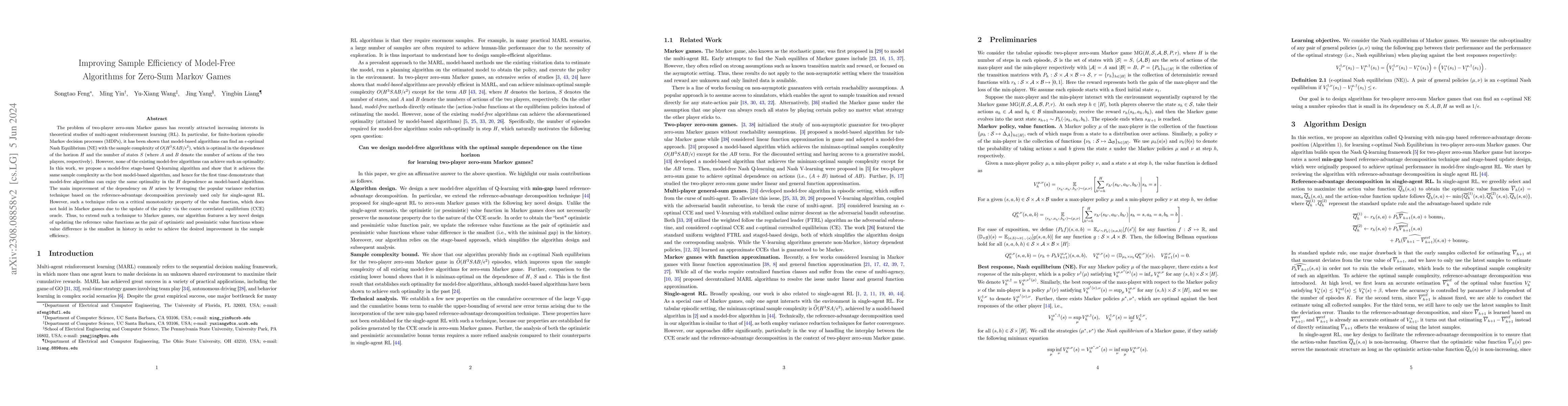 Thumbnail for Improving Sample Efficiency of Model-Free Algorithms for Zero-Sum Markov
  Games