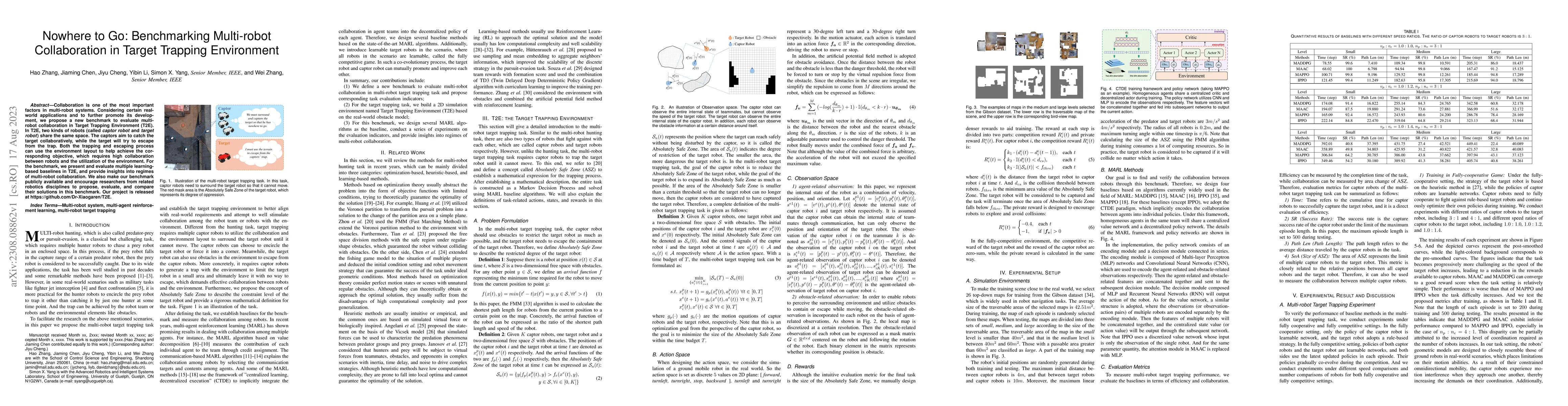 Thumbnail for Nowhere to Go: Benchmarking Multi-robot Collaboration in Target Trapping
  Environment
