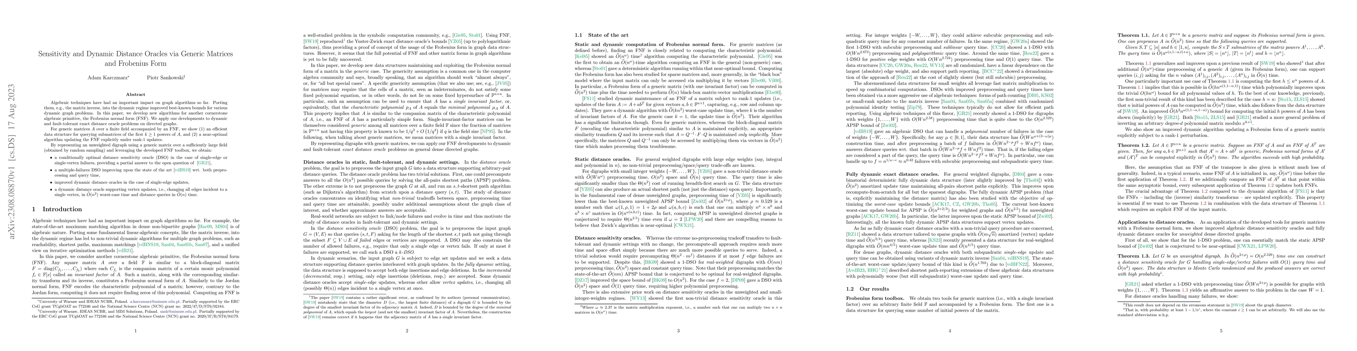 Thumbnail for Sensitivity and Dynamic Distance Oracles via Generic Matrices and
  Frobenius Form