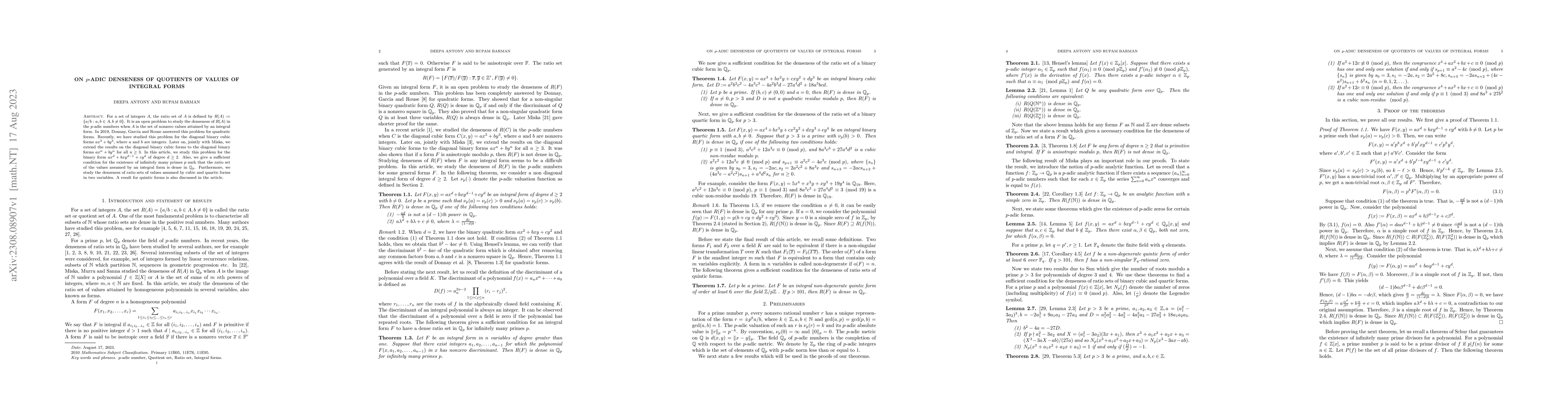 Thumbnail for On $p$-adic denseness of quotients of values of integral forms
