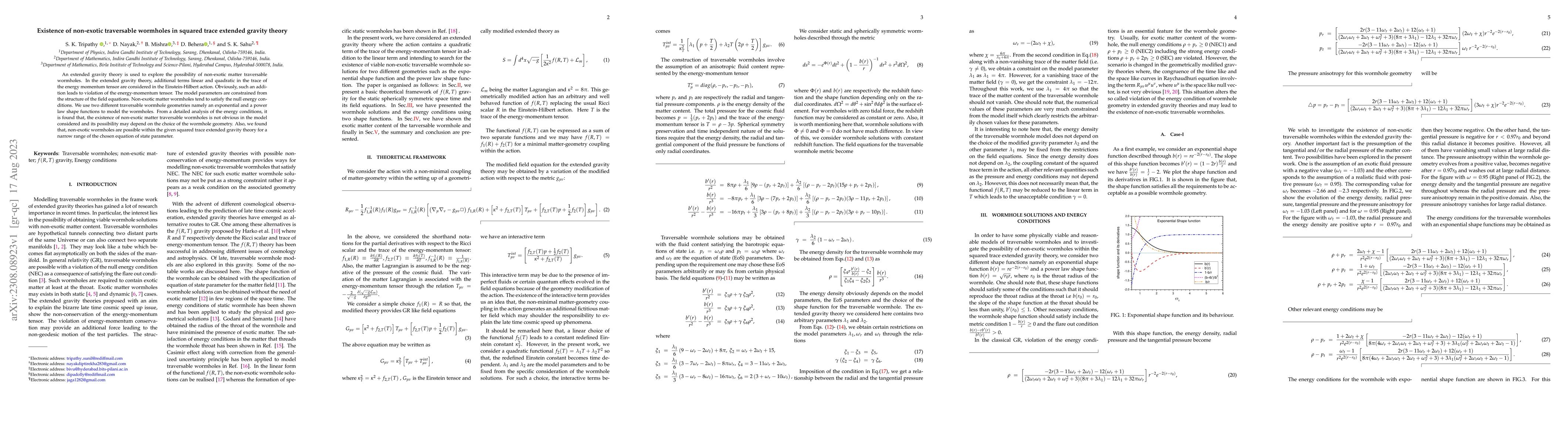Thumbnail for Existence of non-exotic traversable wormholes in squared trace extended
  gravity theory
