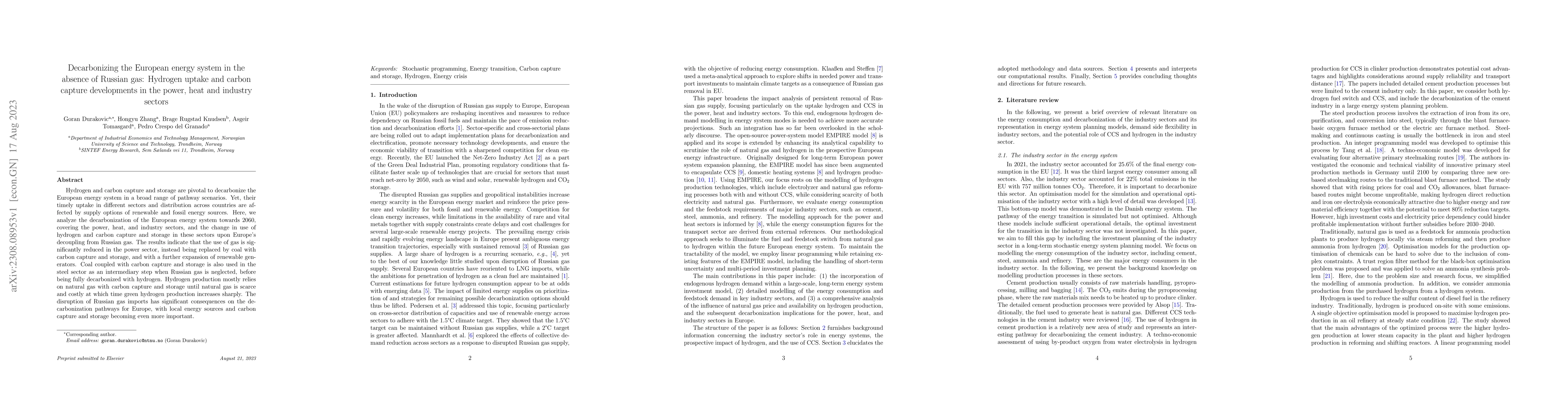 Thumbnail for Decarbonizing the European energy system in the absence of Russian gas:
  Hydrogen uptake and carbon capture developments in the power, heat and
  industry sectors