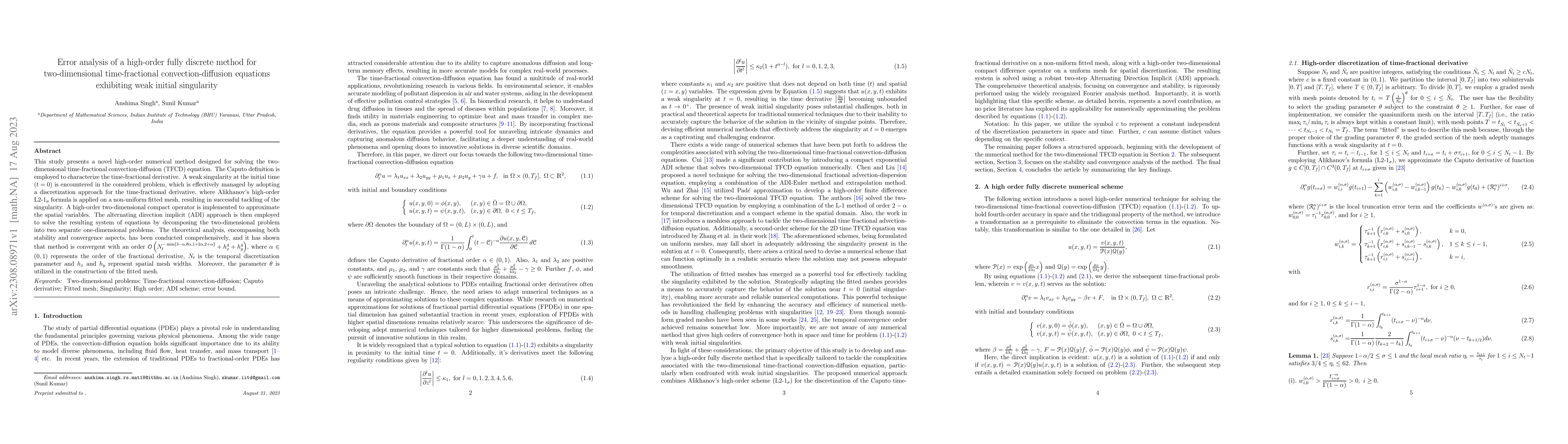 Thumbnail for Error analysis of a high-order fully discrete method for two-dimensional
  time-fractional convection-diffusion equations exhibiting weak initial
  singularity