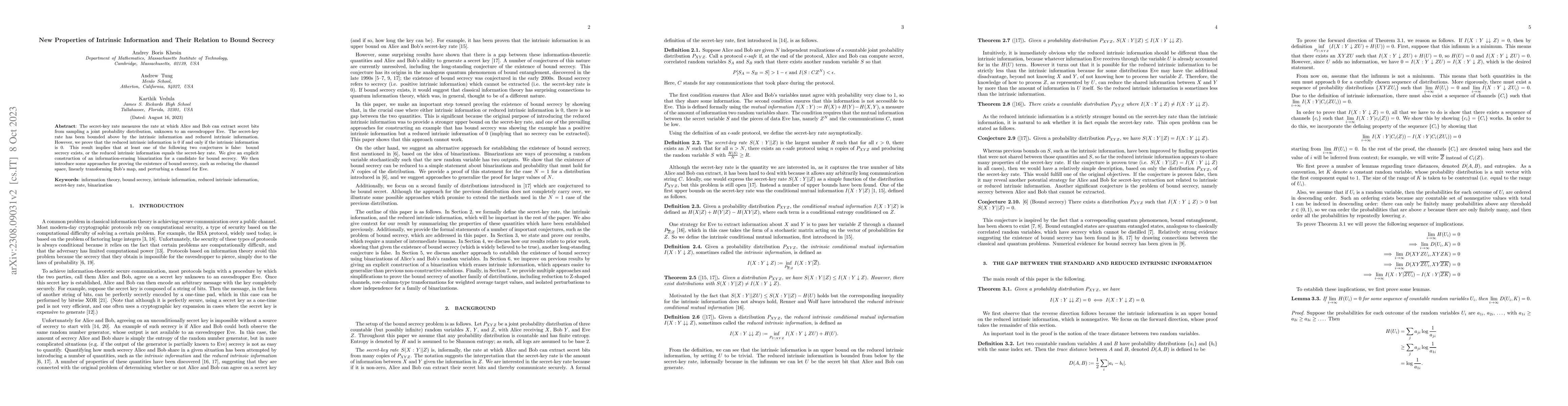 Thumbnail for New Properties of Intrinsic Information and Their Relation to Bound
  Secrecy