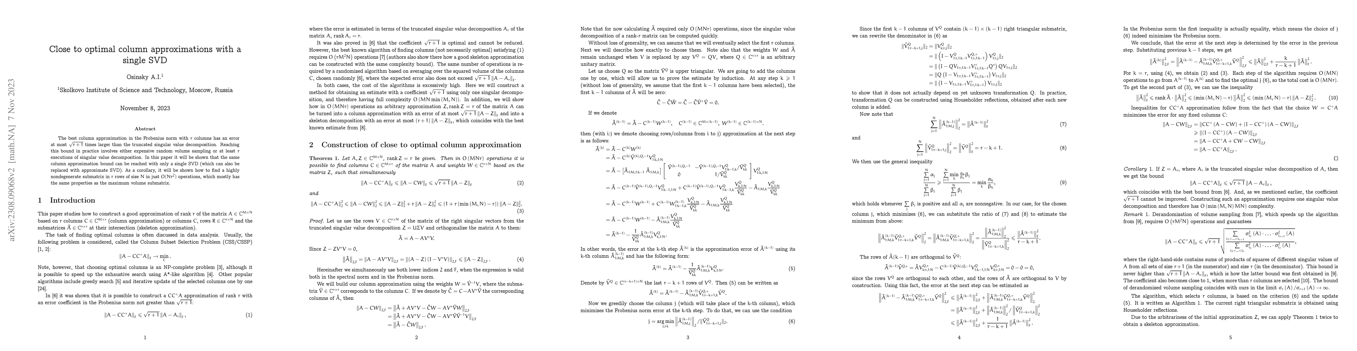 Thumbnail for Close to optimal column approximations with a single SVD