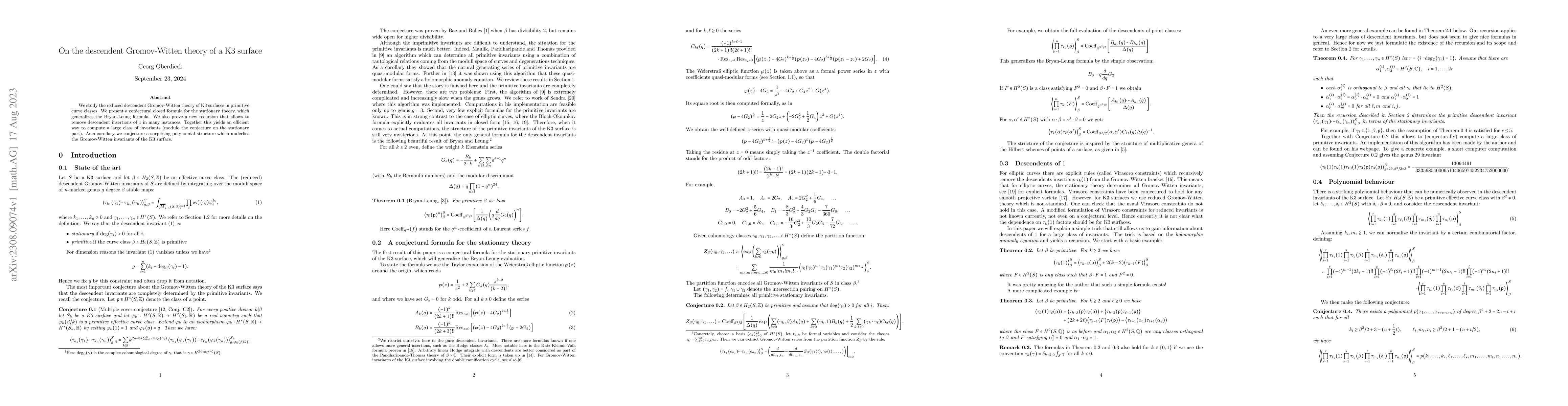 Thumbnail for On the descendent Gromov-Witten theory of a K3 surface