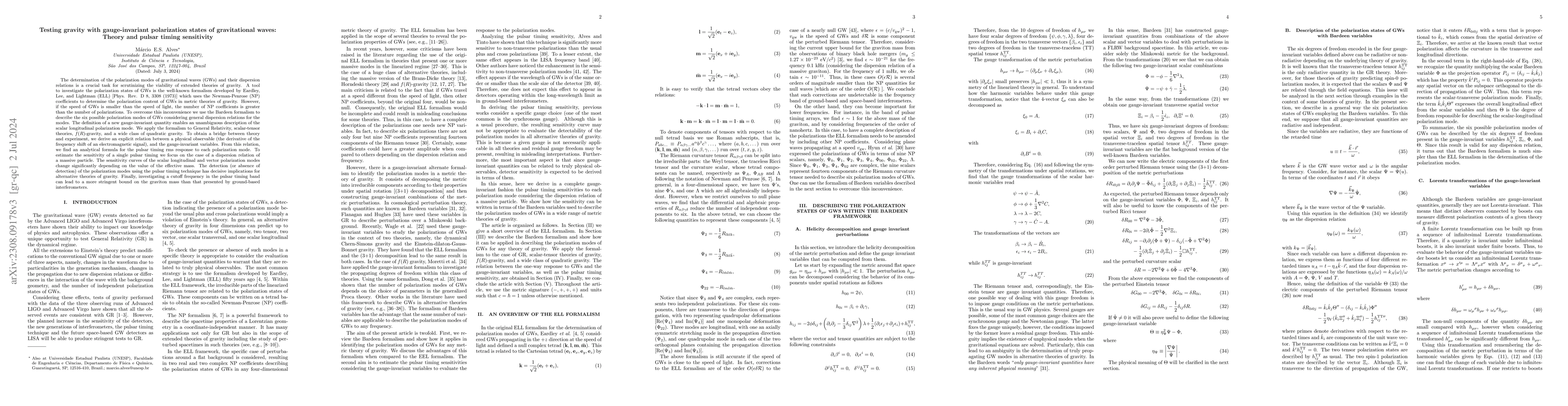 Thumbnail for Testing gravity with gauge-invariant polarization states of
  gravitational waves: Theory and pulsar timing sensitivity