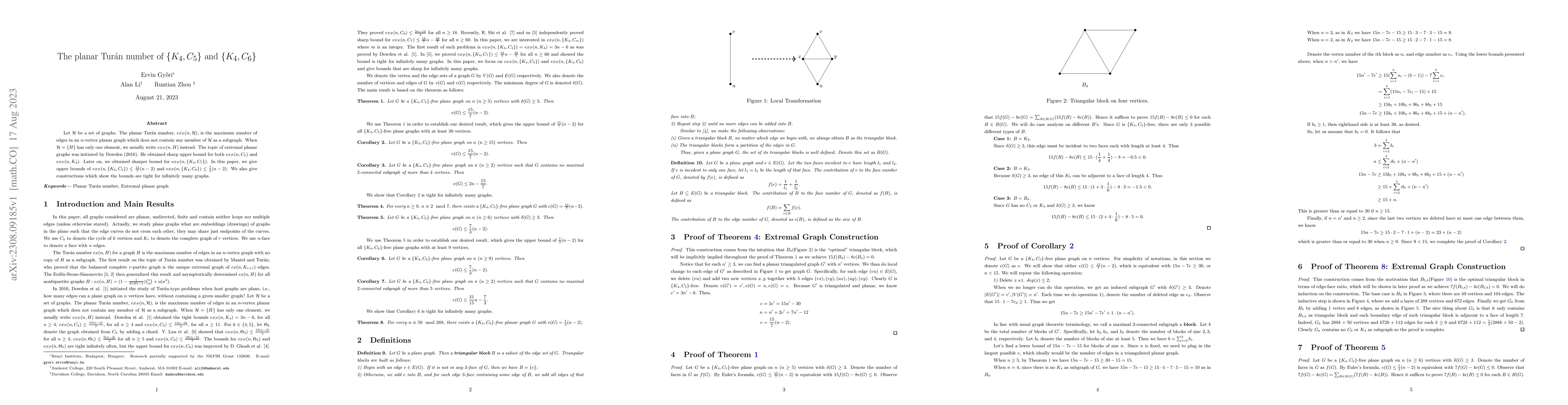 Thumbnail for The planar Tur\'an number of $\{K_4,C_5\}$ and $\{K_4,C_6\}$