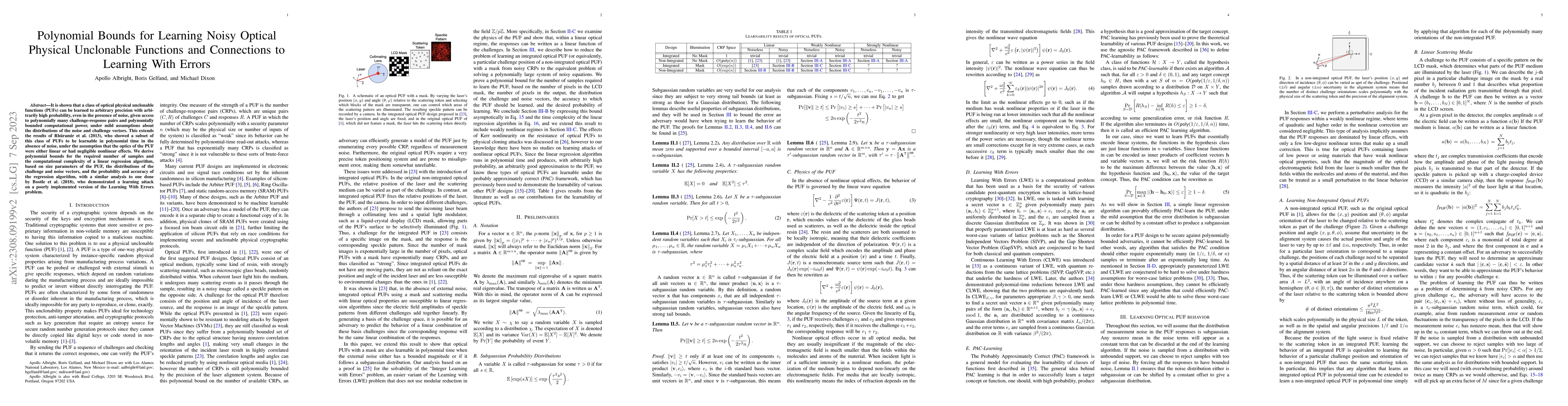 Thumbnail for Polynomial Bounds for Learning Noisy Optical Physical Unclonable
  Functions and Connections to Learning With Errors