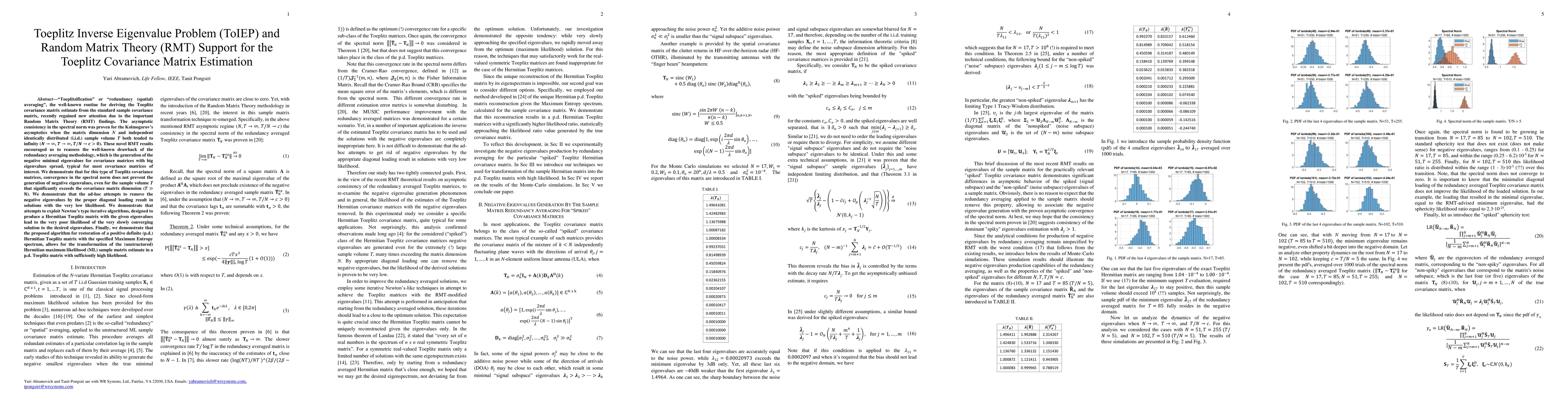 Thumbnail for Toeplitz Inverse Eigenvalue Problem (ToIEP) and Random Matrix Theory
  (RMT) Support for the Toeplitz Covariance Matrix Estimation