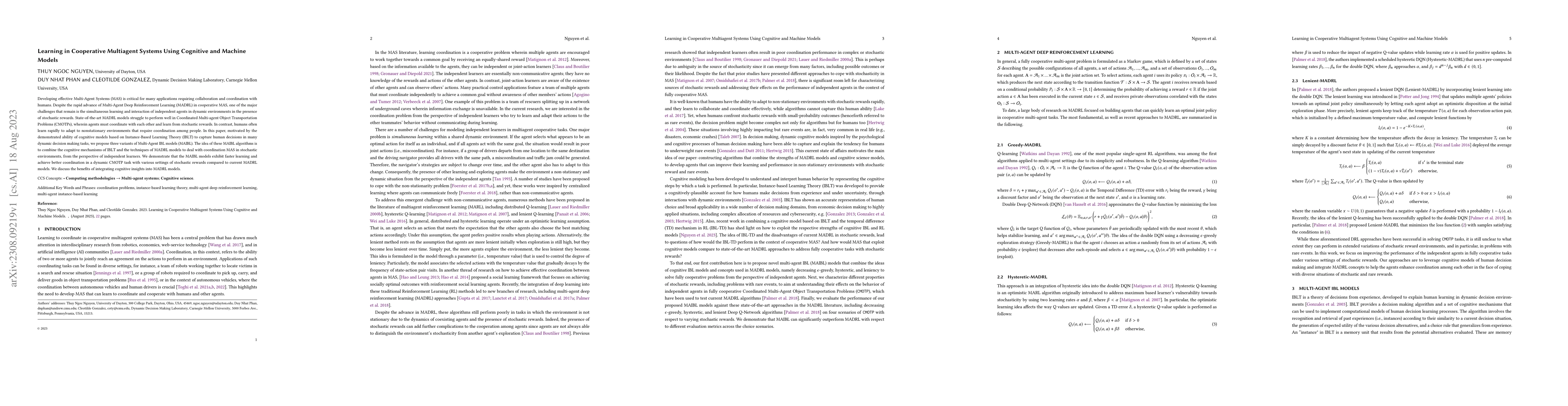 Thumbnail for Learning in Cooperative Multiagent Systems Using Cognitive and Machine
  Models