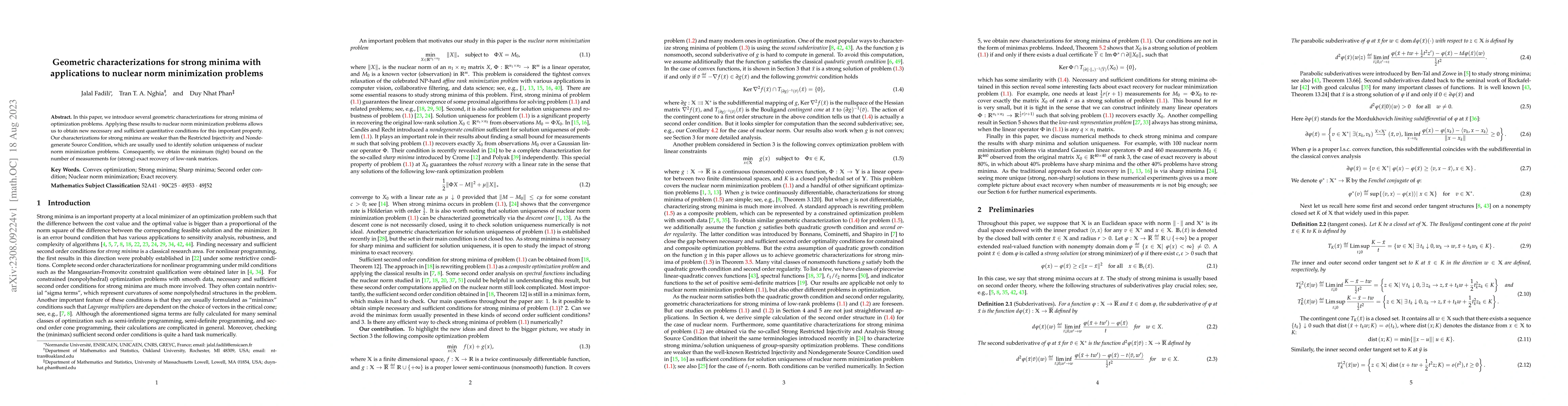 Thumbnail for Geometric characterizations for strong minima with applications to
  nuclear norm minimization problems