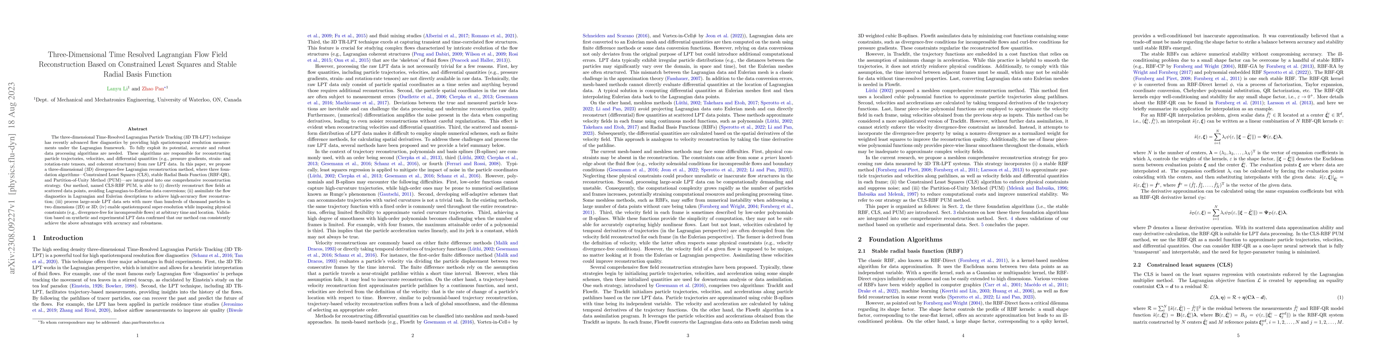 Thumbnail for Three-Dimensional Time Resolved Lagrangian Flow Field Reconstruction
  Based on Constrained Least Squares and Stable Radial Basis Function