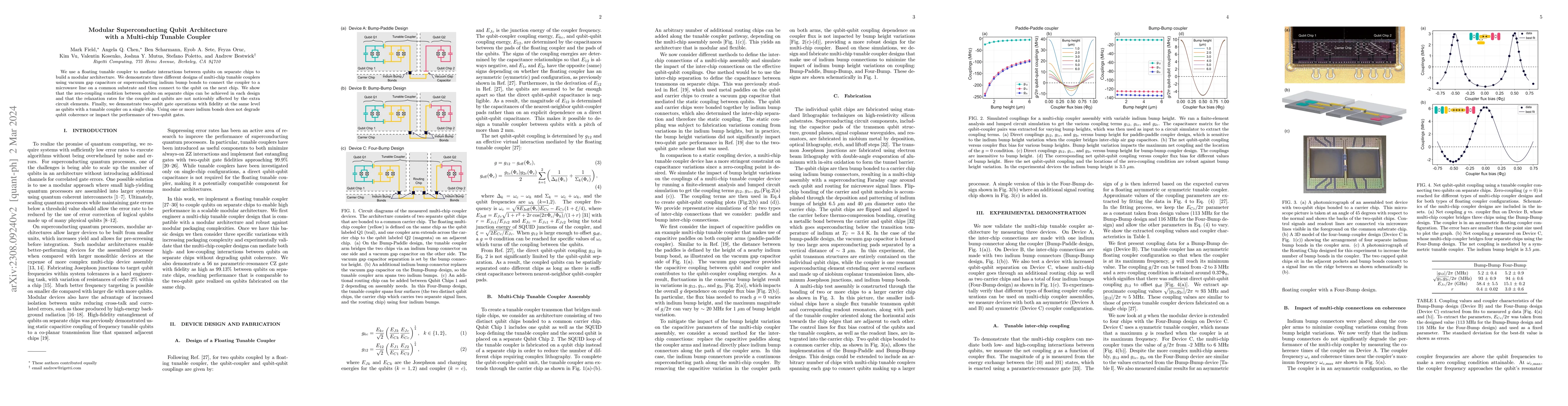 Thumbnail for Modular Superconducting Qubit Architecture with a Multi-chip Tunable
  Coupler