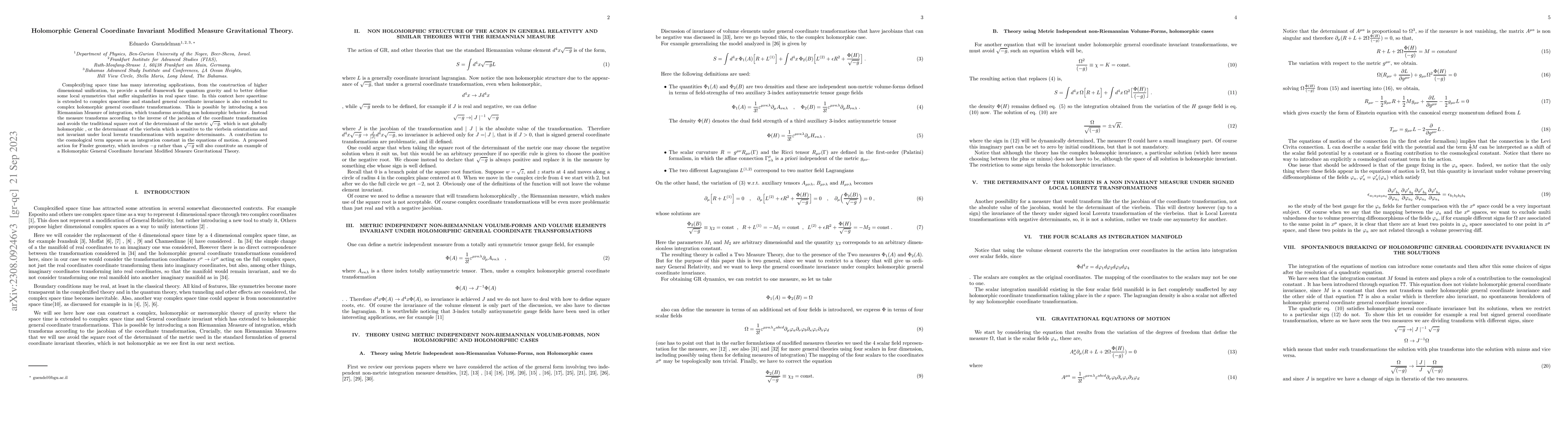 Thumbnail for Holomorphic General Coordinate Invariant Modified Measure Gravitational
  Theory