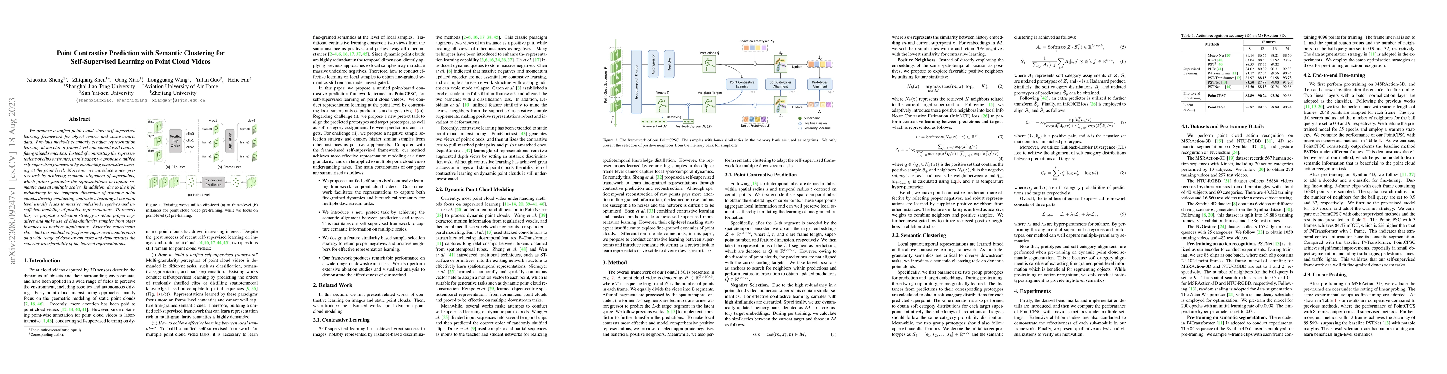 Thumbnail for Point Contrastive Prediction with Semantic Clustering for
  Self-Supervised Learning on Point Cloud Videos
