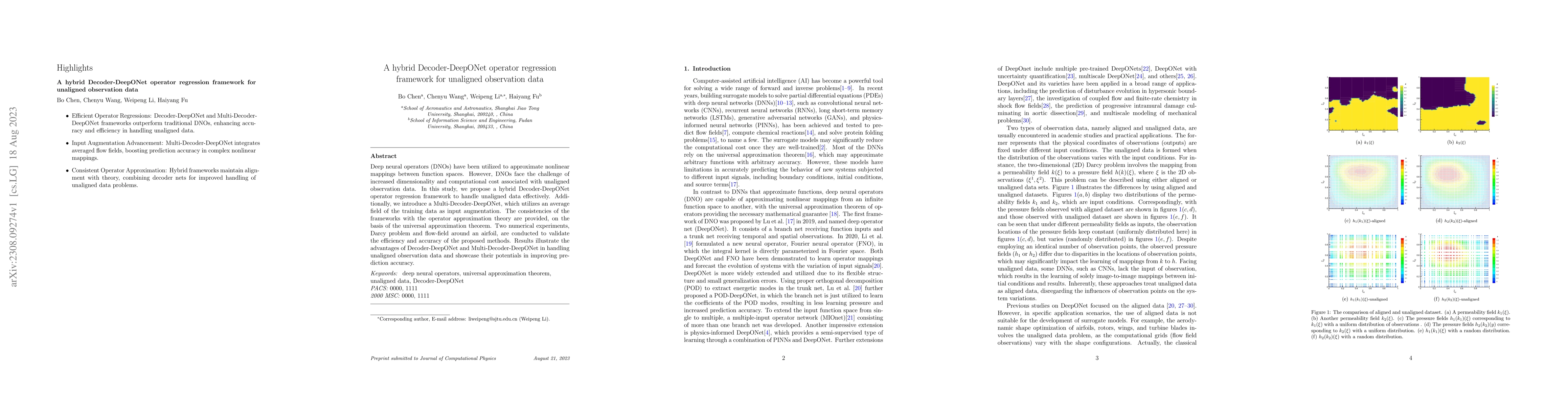 Thumbnail for A hybrid Decoder-DeepONet operator regression framework for unaligned
  observation data