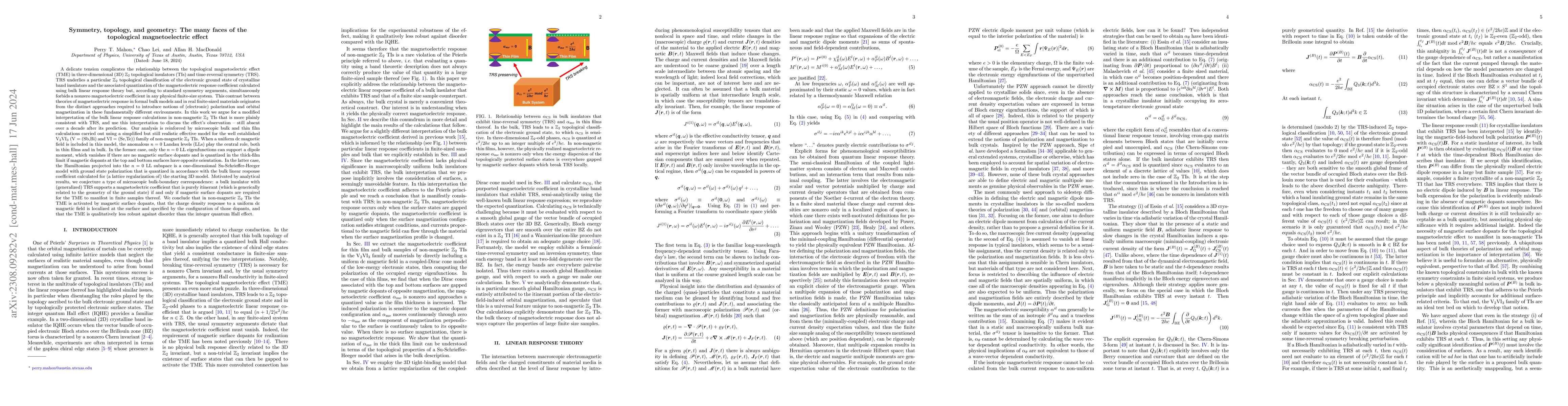 Thumbnail for Symmetry, topology, and geometry: The many faces of the topological
  magnetoelectric effect