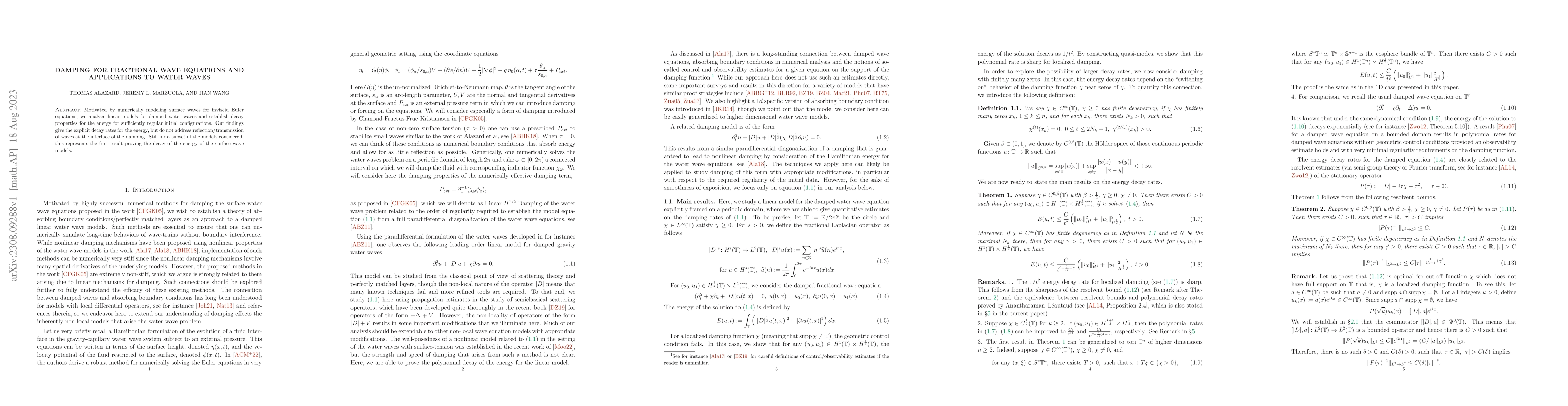 Thumbnail for Damping for fractional wave equations and applications to water waves