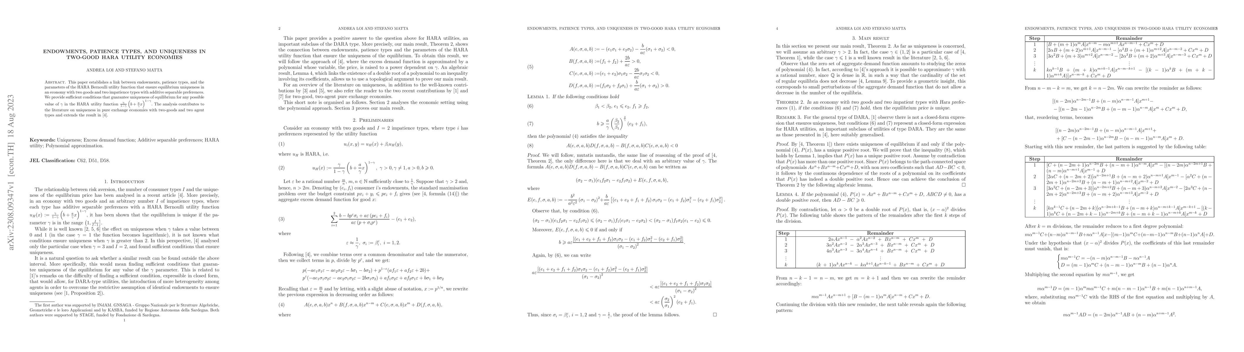 Thumbnail for Endowments, patience types, and uniqueness in two-good HARA utility
  economies