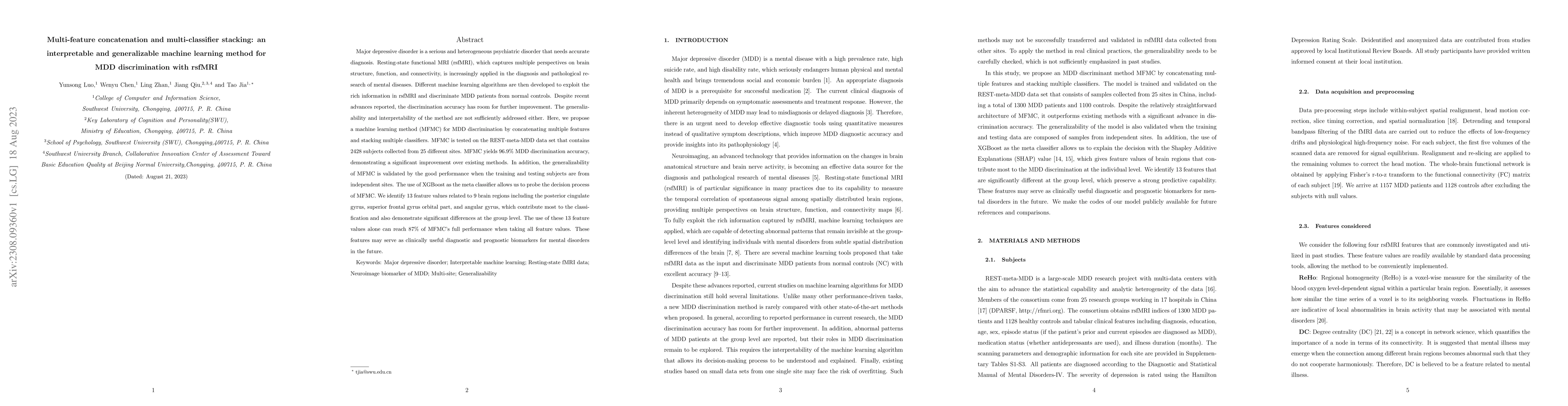 Thumbnail for Multi-feature concatenation and multi-classifier stacking: an
  interpretable and generalizable machine learning method for MDD
  discrimination with rsfMRI