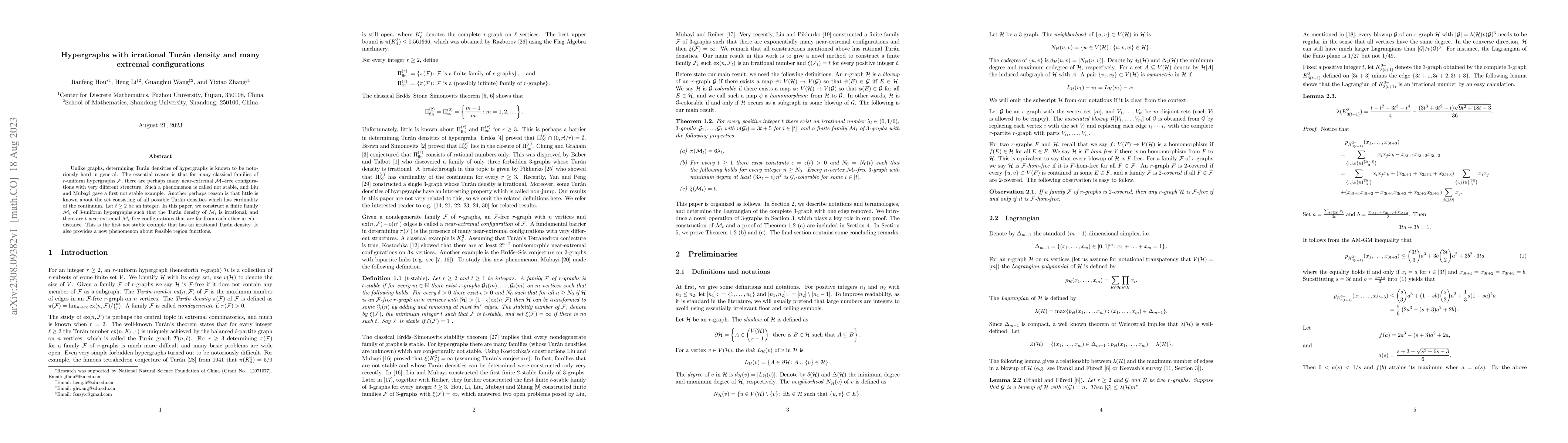 Thumbnail for Hypergraphs with irrational Tur\'{a}n density and many extremal
  configurations