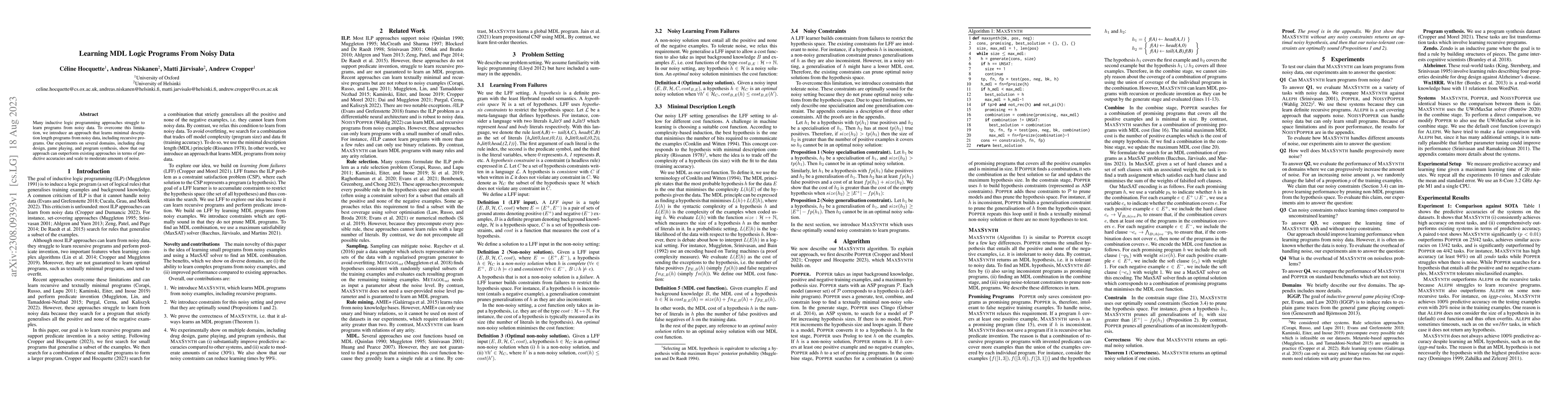 Thumbnail for Learning MDL logic programs from noisy data