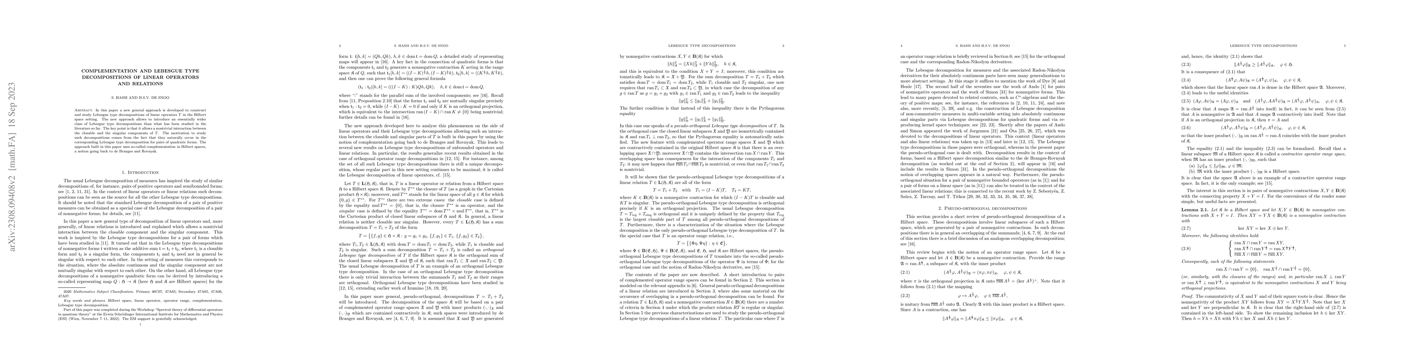 Thumbnail for Complementation and Lebesgue type decompositions of linear operators and
  relations