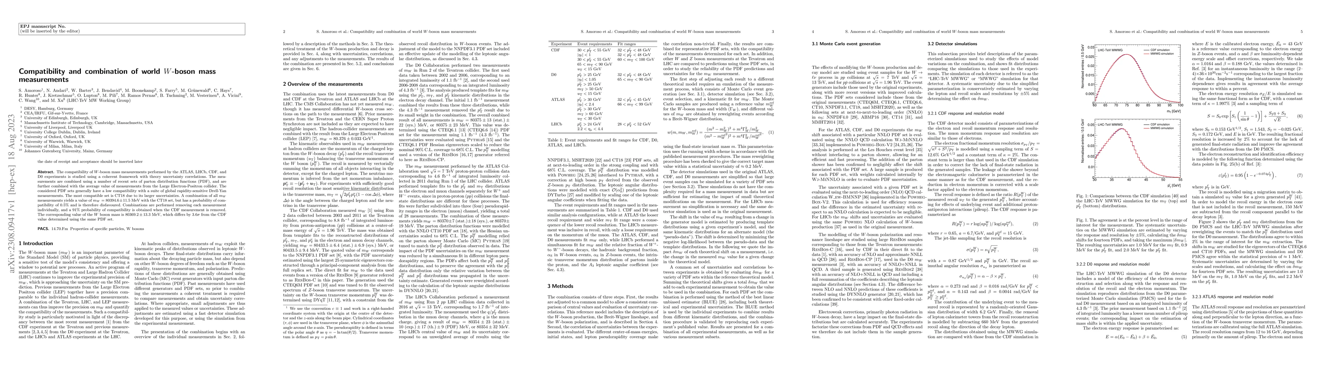Thumbnail for Compatibility and combination of world W-boson mass measurements